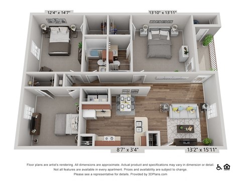 Floor plan for 3 beds, 2 baths, 1199 sqft